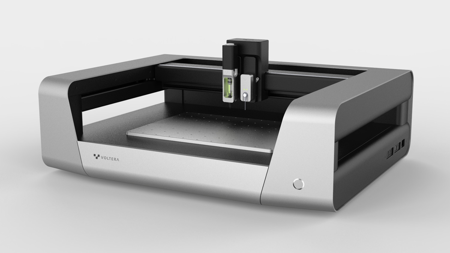 A sleek gray and black designed printer.